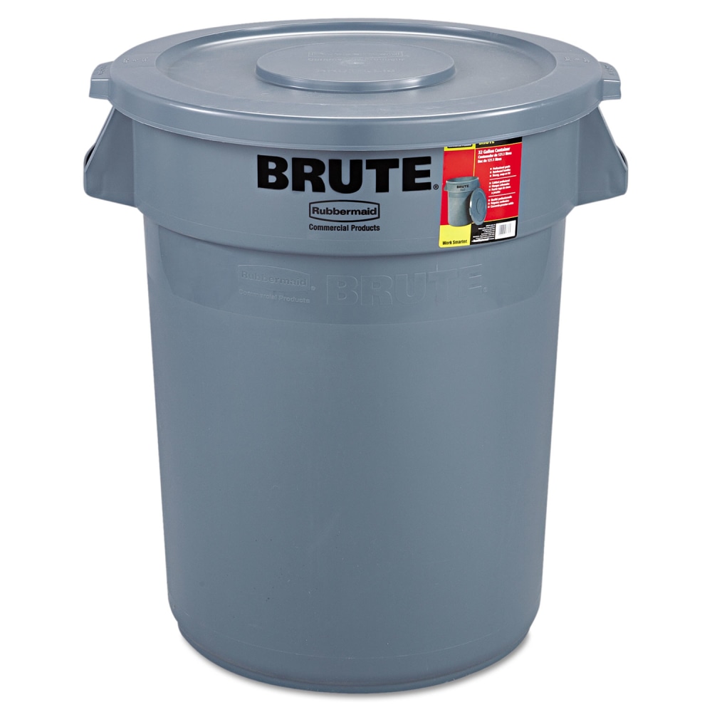 Rubbermaid Commercial Brute Container with Lid, 32 gal, Plastic, Gray MPN:FG863292GRAY