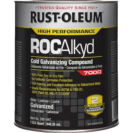 Cold Galvanizing Compound, High Performance, Exterior/Interior Solvent, Gray, Metallic, 1 qt MPN:206194T