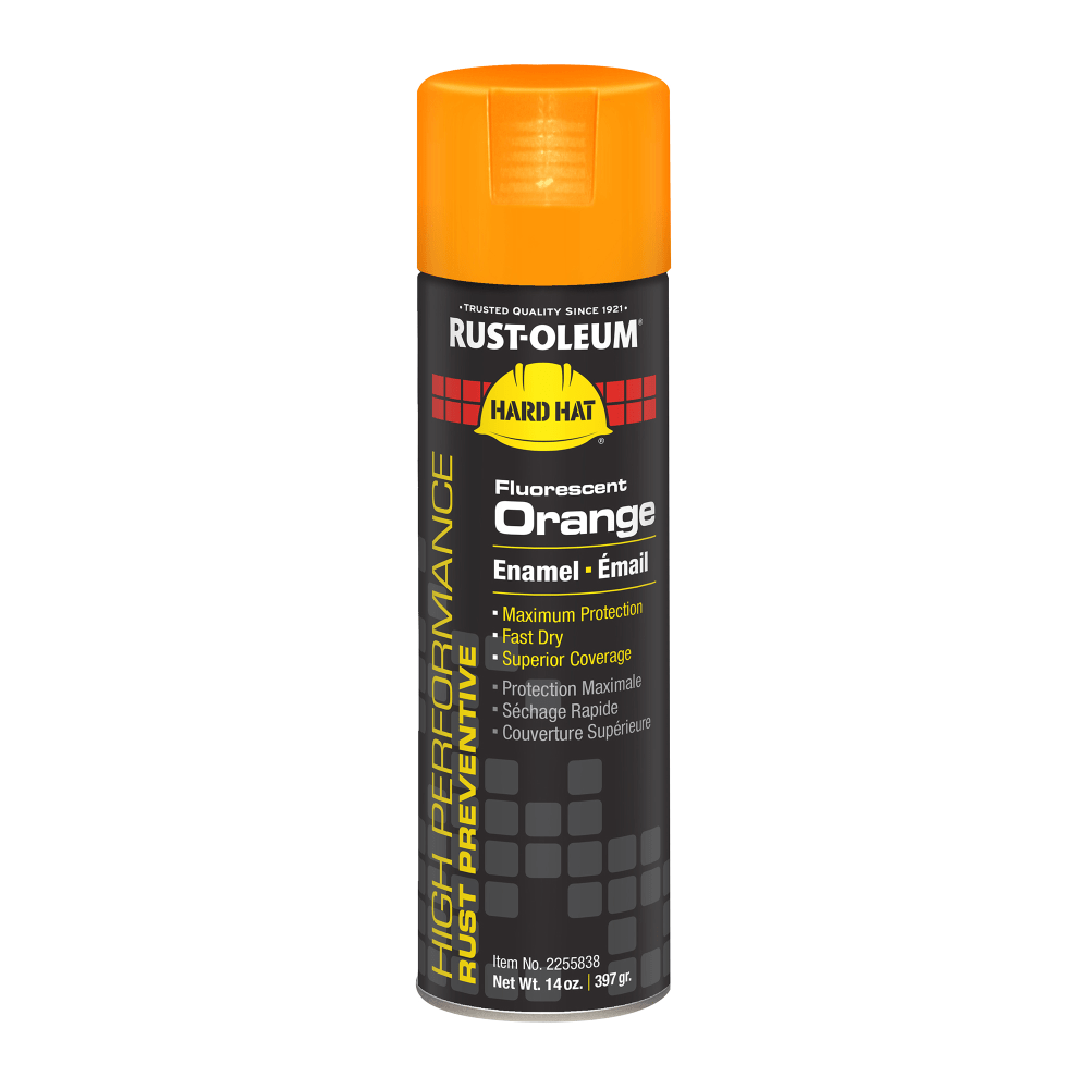 Rust-Oleum Hard Hat High Performance V2100 System Rust Preventive Enamel Spray Paint, 14 Oz, Gloss Fluorescent Orange, Case Of 6 Cans MPN:2255838