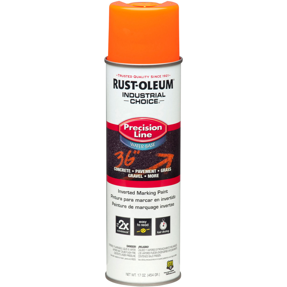 Rust-Oleum Industrial Choice M1800 System Water-Based Precision Line Inverted Marking Paint, 17 Oz, Fluorescent Orange, Pack Of 12 Cans MPN:203036