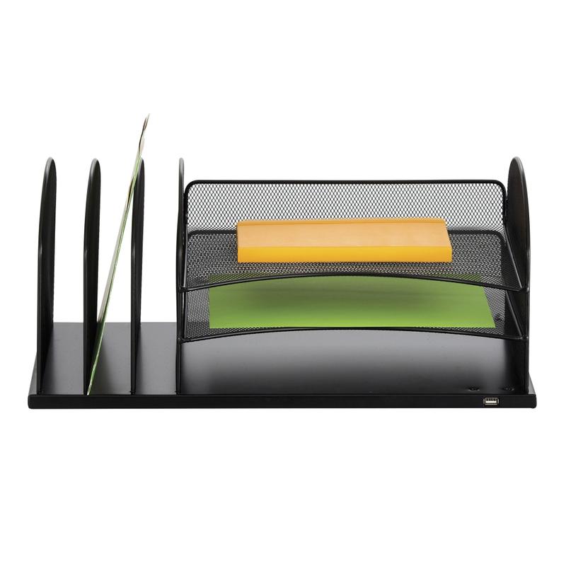 Safco USB Powered Onyx Mesh Desk Organizer, 3 Horizontal/3 Upright Sections, Black MPN:3231BL