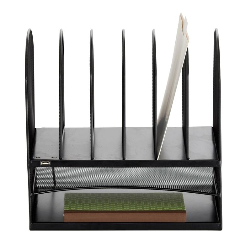 Safco USB Powered Onyx Mesh Desk Organizer, 2 Horizontal/6 Upright Sections, 13inH x 13 1/4inW x 11 1/2inD, Black MPN:3233BL