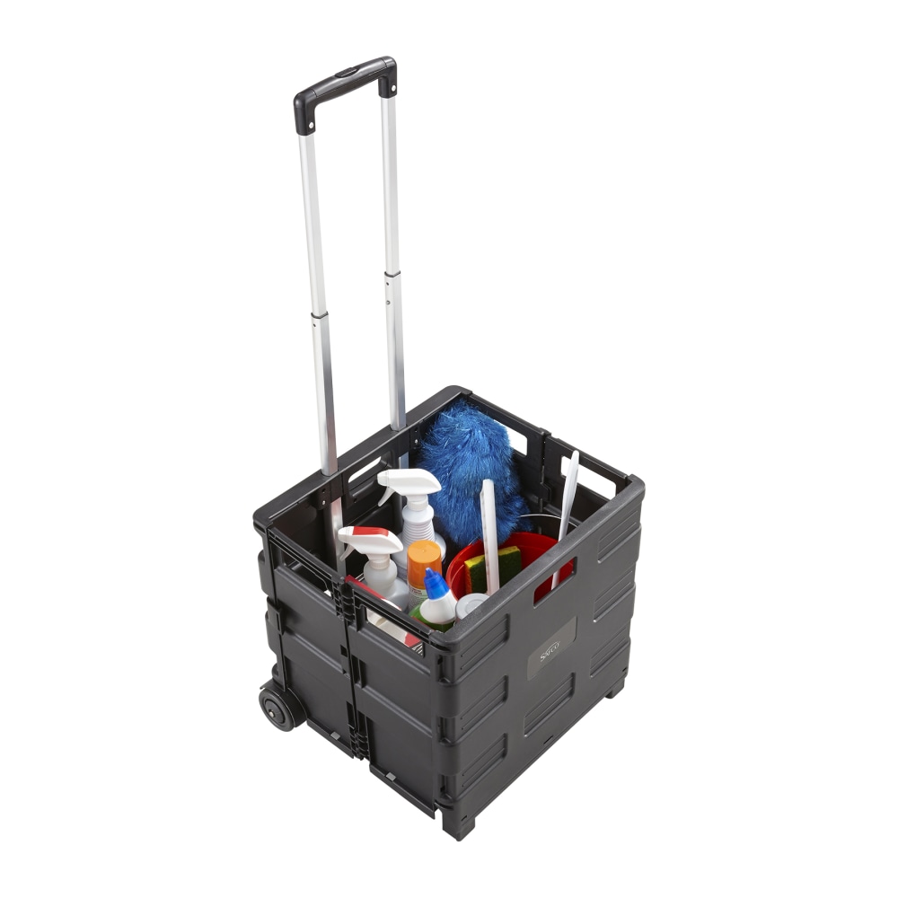 Safco Stow Away Folding Caddy, Telescopic Handle, 50 lb Capacity, 2 Casters, 16.5inW x 14.5inD x 39inH, Black, Silver MPN:4054BL