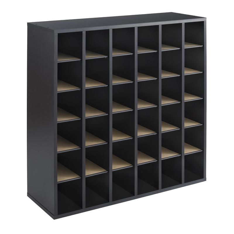 Safco Wood Mail Sorter, 36 Compartments, 32 3/4inH x 33 3/4inW x 12inD, Black MPN:7766BL