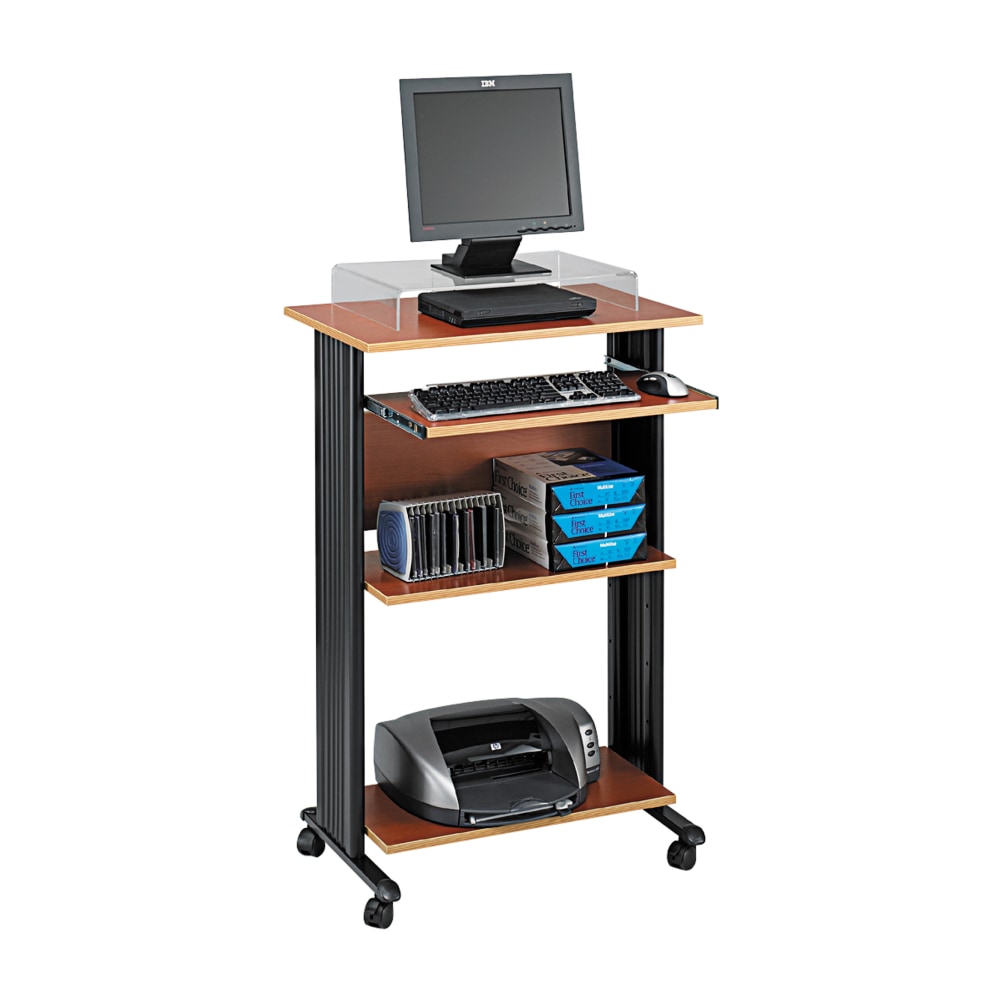 Safco Muv 30inW Fixed Height Stand-Up Mobile Workstation With 2-Shelves and Keyborad Tray, Cherry/Black MPN:1923CY