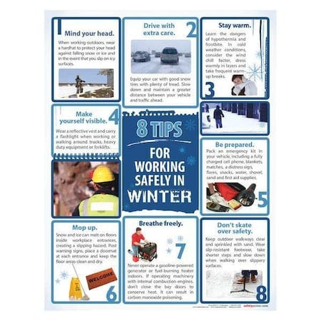 Safety Poster, Eight Tips for Working Safely In Winter, 22 in H x, 17 in W, Paper MPN:P4760