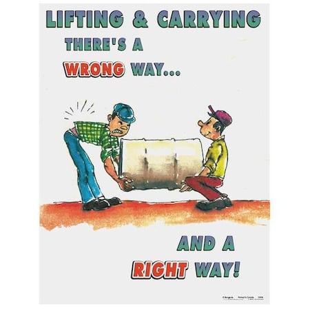 Safety Poster, Lifting and Carrying Theres A Wrong Way and A Right Way, 22 in H x, 17 in W, Paper MPN:SW0016