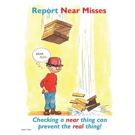 Safety Poster, Report Near Misses Checking A Near Thing Can Prevent A Real Thing, 22 in H x, Paper MPN:SW0038