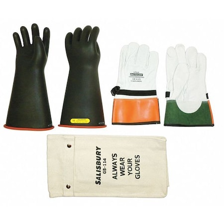 Electrical-Insulating Glove Kit, 17, 000V AC, 25, 500V DC, Rubber, 14