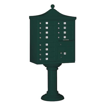 Cluster Box Unit, Green, Powder Coated, 13 Doors, Pedestal, USPS Access MPN:3312R-GRN-U