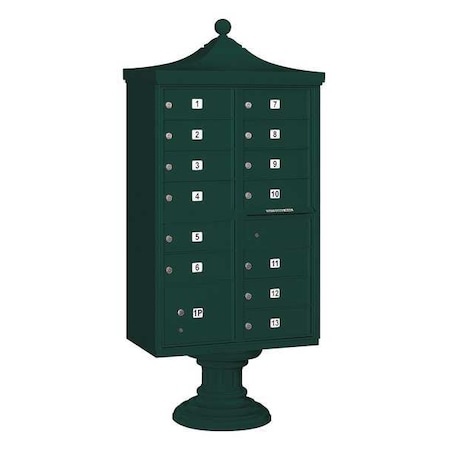 Cluster Box Unit, Green, Powder Coated, 14 Doors, Pedestal, USPS Access MPN:3313R-GRN-U