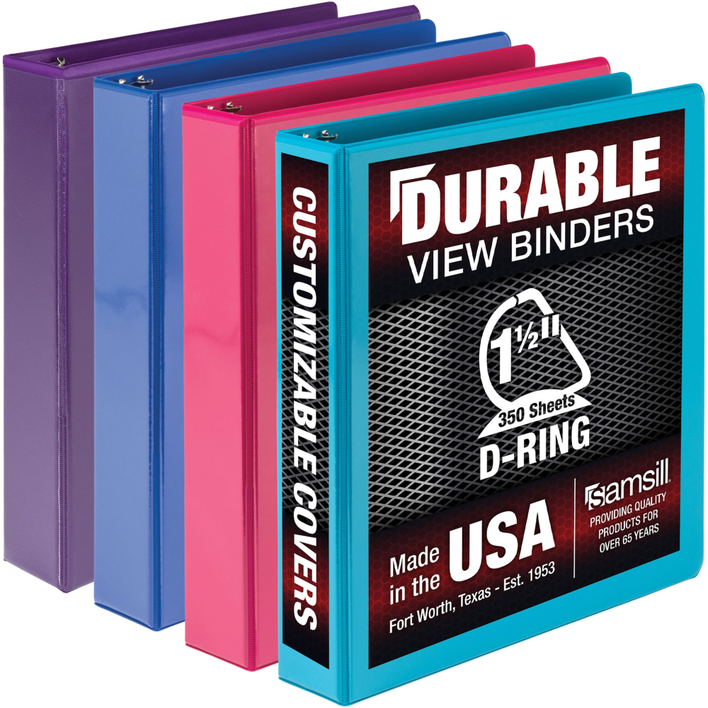 Samsill Durable 1.5 Inch Binder, D Ring Customizable Clear View Binder, Fashion Assortment, 4 Pack, Each Holds 350 Page (MP46459) - MP46459 MPN:MP46459