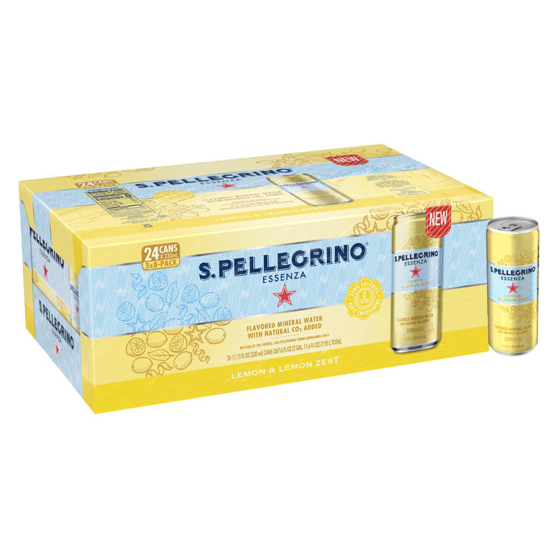 Nestle S.Pellegrino Essenza Flavored Mineral Water, Lemon/Lemon Zest, 11.15 Fl Oz, 8 Cans Per Pack, Case Of 3 Packs (Min Order Qty 2) MPN:12423058