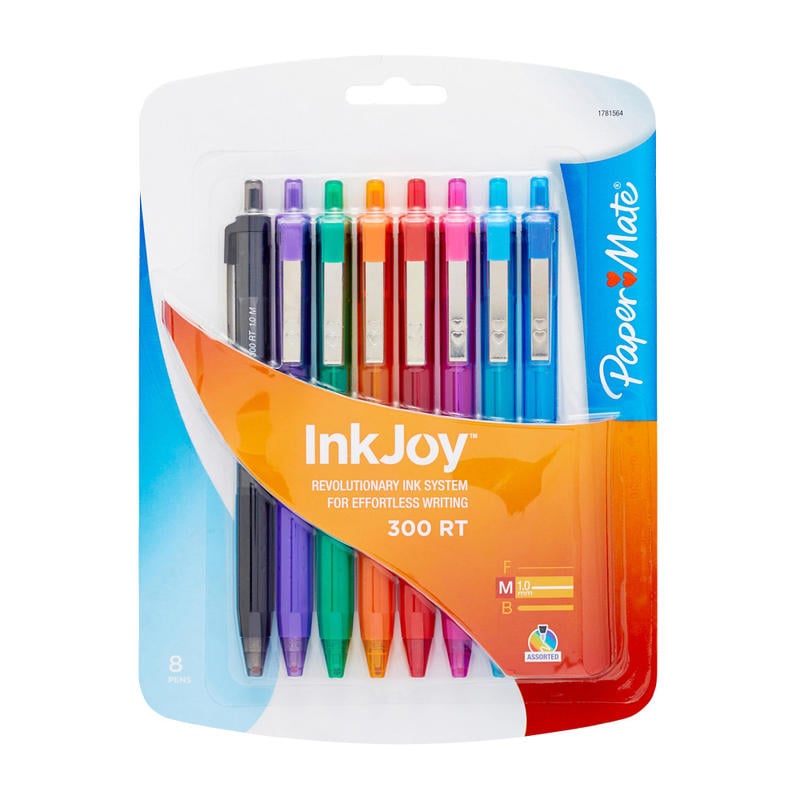 Paper Mate InkJoy 300 RT Retractable Pens, Medium Point, 1.0 mm, Clear Barrels, Assorted Ink Colors, Pack Of 8 (Min Order Qty 11) MPN:1945921