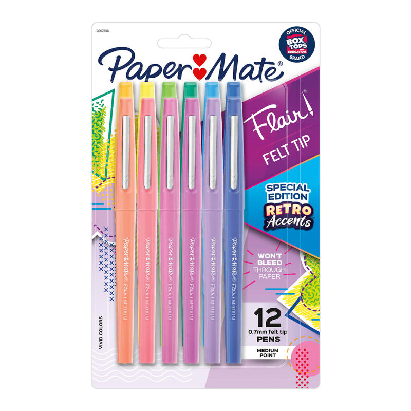 Paper Mate Flair Felt Tip Pens, Medium Point, Assorted, Special Edition Retro Accents, 12 Pack MPN:2097886