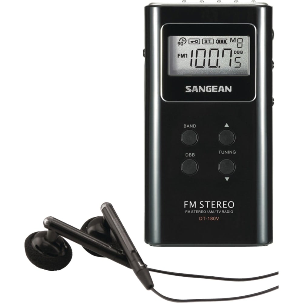 Sangean DT180BLK Portable Pocket AM/FM Digital Clock Radio, 3-11/16inH x 3/4inW x 1-15/16inD, Black MPN:DT-180B