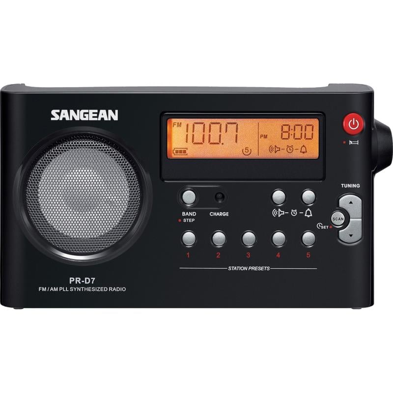 Sangean PR-D7 Desktop Clock Radio, 4-5/8inH x 8-1/2inW x 1-5/8inD, Black MPN:PR-D7BK