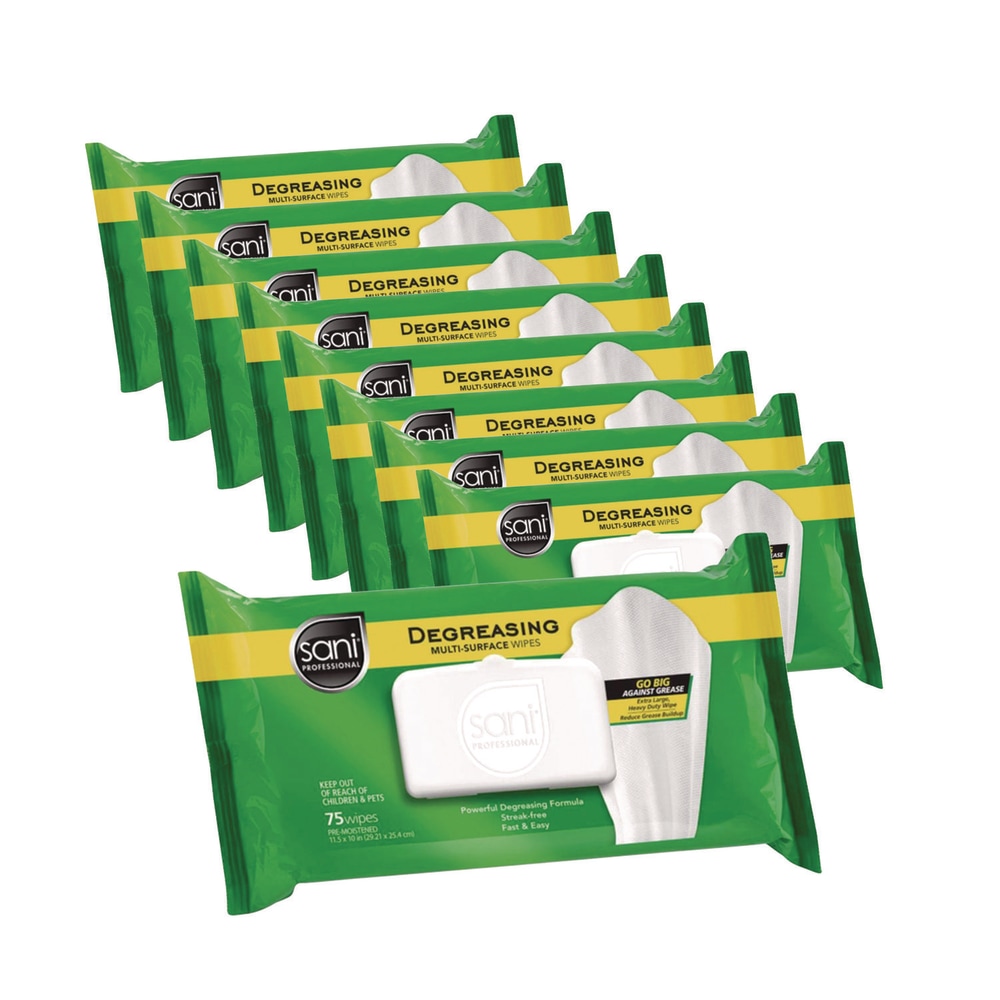 Sani Professional Degreasing Multi-Surface Wipes, 1-Ply, 11.5 x 10, 75, Floral Scent, White, Wipes/Pack, 9 Packs/Carton MPN:A12345