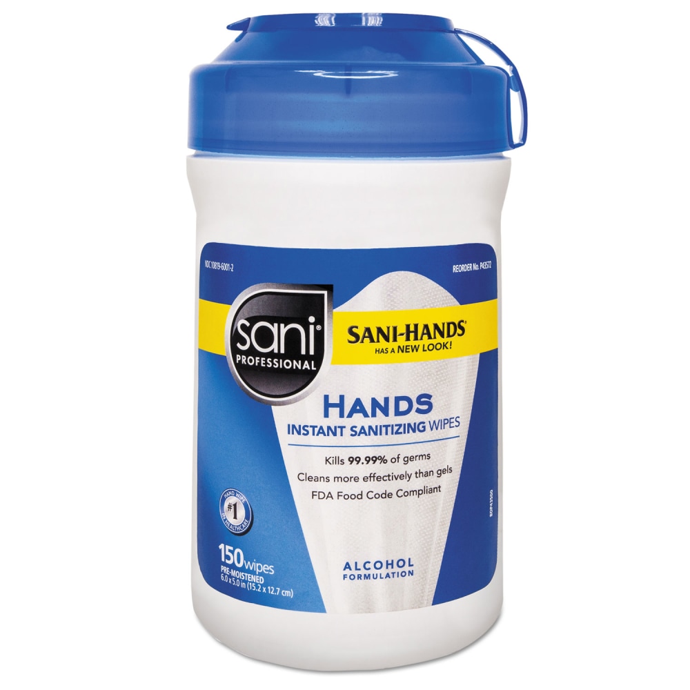 Sani Professional Hands Instant Sanitizing Wipes, 6 x 5, Unscented, White, 150/Canister, 12 Canisters/Carton MPN:NIC P43572