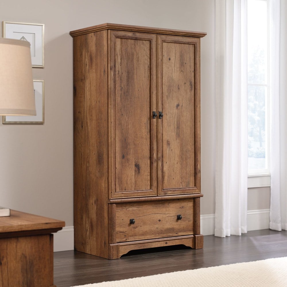 Sauder Palladia Armoire Storage With Garment Rod And Drawer, 66-3/4inH x 36-1/3inW x 21-2/5inD, Vintage Oak MPN:420608