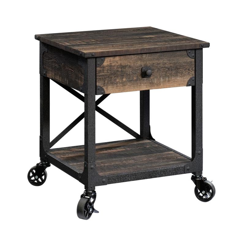 Sauder Steel River Mobile Side Table, 23inH x 22-1/2inW x 21-11/16inD, Carbon Oak MPN:423915