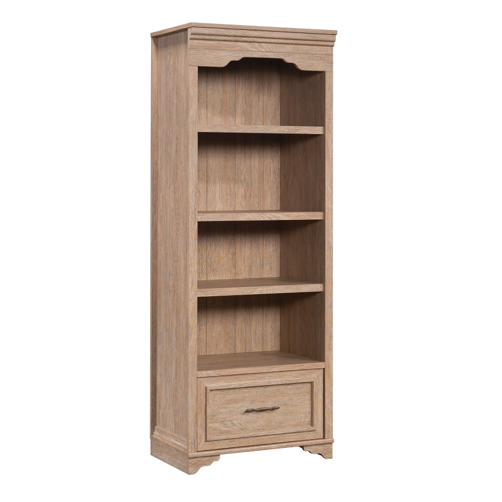 Sauder Rollingwood Country 72inH 4-Shelf Bookcase With Filing Drawer, Brushed Oak MPN:431440