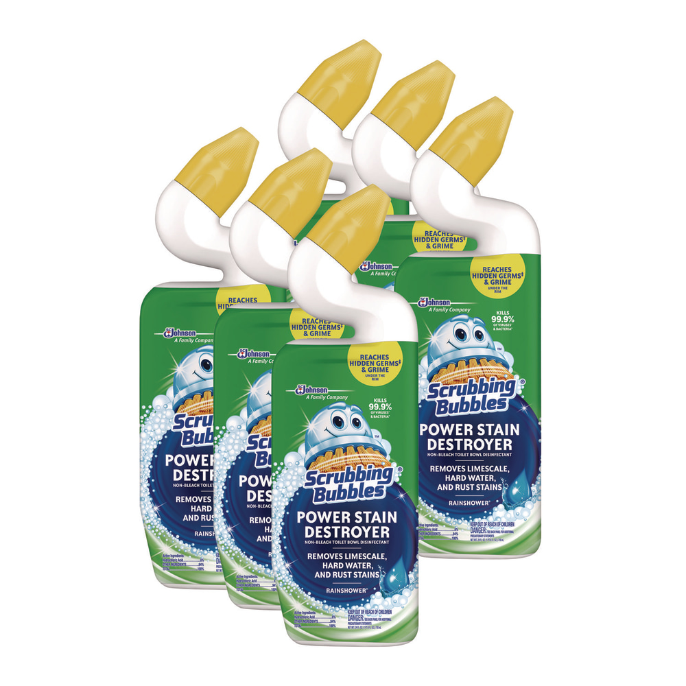 Scrubbing Bubbles Power Stain Destroyer Toilet Bowl Disinfectant, Rainshower Scent, 24 oz Bottle, 6/Carton MPN:309110