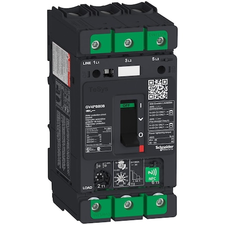 Motor Circuit Breaker, TESYS Series, 80A, 3 Pole, 690V AC, 35kA at 240V AC MPN:GV4PB80B