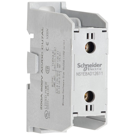 Power Distribution Block, Finger-Safe, 1 Pole, 200 A Copper, 600 V AC/DC, DIN Rail MPN:NSYEBAD12611
