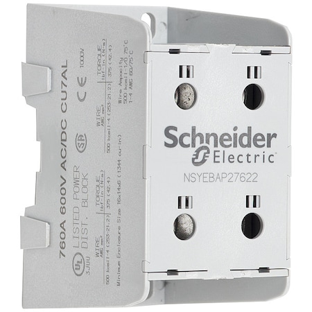 Power Distribution Block, Finger-Safe, 1 Pole, 760 A Copper, 600 V AC/DC, Panel, Screw MPN:NSYEBAP27622
