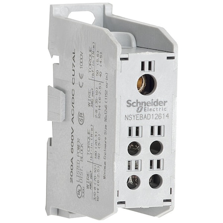 Power Distribution Block, Finger-Safe, 1 Pole, 200 A Copper, 600 V AC/DC, DIN Rail MPN:NSYEBCD12614