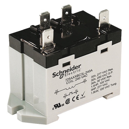 DIN Rail & Top Flange, Enclosed Power Relay, 30 A, 4 Pins, Screw MPN:725AXXSC3ML-12D