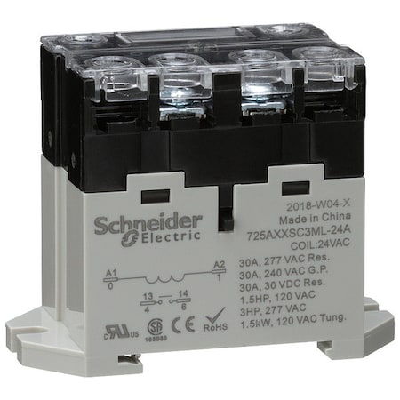 DIN Rail & Top Flange, Enclosed Power Relay, 30 A, 4 Pins, Screw MPN:725AXXSC3ML-24A