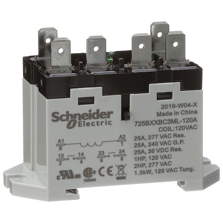 DIN Rail & Top Flange, Enclosed Power Relay, Square, 25 A, 6 Pins, Quick Connect MPN:725BXXBC3ML-120A