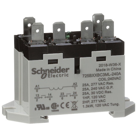 DIN Rail & Top Flange, Enclosed Power Relay, Square, 25 A, 6 Pins, Quick Connect MPN:725BXXBC3ML-240A