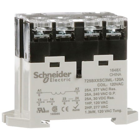 DIN Rail & Top Flange, Enclosed Power Relay, Square, 25 A, 6 Pins, Screw MPN:725BXXSC3ML-120A