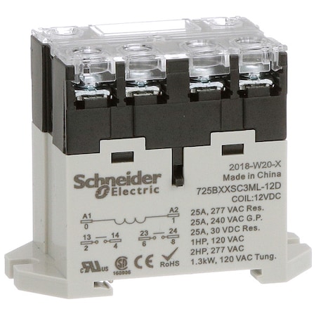 DIN Rail & Top Flange, Enclosed Power Relay, Square, 25 A, 6 Pins, Screw MPN:725BXXSC3ML-12D