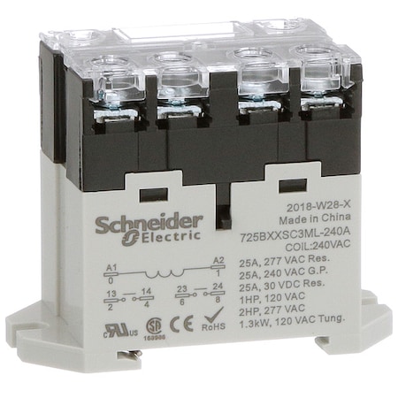 DIN Rail & Top Flange, Enclosed Power Relay, Square, 25 A, 6 Pins, Screw MPN:725BXXSC3ML-240A