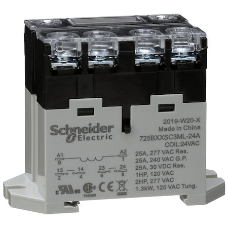 DIN Rail & Top Flange, Enclosed Power Relay, Square, 25 A, 6 Pins, Screw MPN:725BXXSC3ML-24A