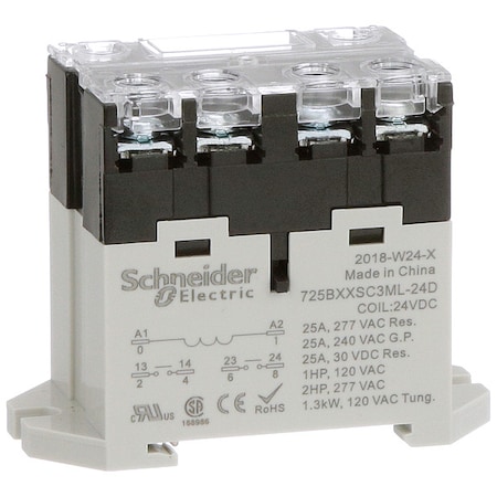 DIN Rail & Top Flange, Enclosed Power Relay, Square, 25 A, 6 Pins, Screw MPN:725BXXSC3ML-24D