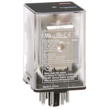 Plug-In, General Purpose Relay, Octal, 10 A, 8 Pins, Pin MPN:750XBXRC-12D