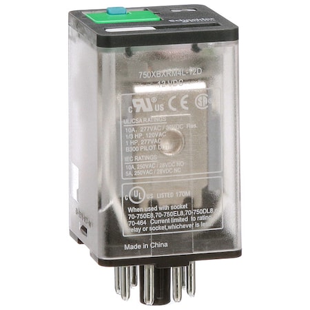 Plug-In, General Purpose Relay, Octal, 10 A, 8 Pins, Pin MPN:750XBXRM4L-12D