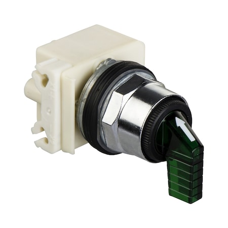 Illuminated selector switch head, Harmony 9001K, metal, long handle, green, 30mm, 3 positions, spring return both sides to center, LED green, 24-28V MPN:9001K53J35LGFG