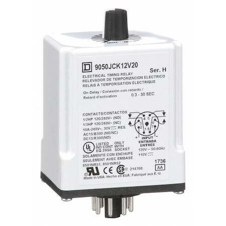 Single Function Time Delay Relay, Octal, On Delay, 1 Functions 110V AC, DPDT MPN:9050JCK12V20
