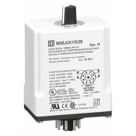 Single Function Time Delay Relay, Octal, On Delay, 1 Functions 120V DC, DPDT MPN:9050JCK13V20