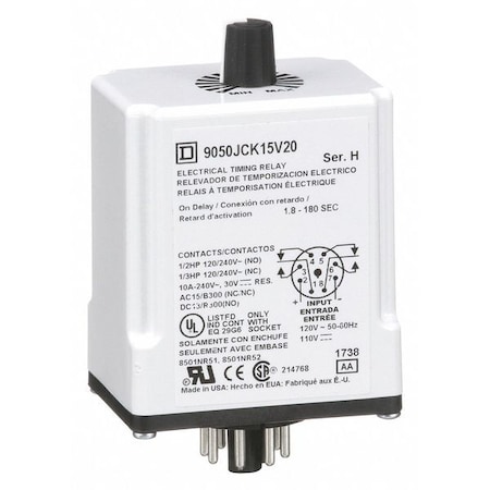 Single Function Time Delay Relay, Octal, On Delay, 1 Functions 110V AC, DPDT MPN:9050JCK15V20
