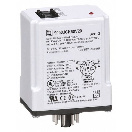Single Function Time Delay Relay, Octal, On Delay, 1 Functions 120V AC, DPDT MPN:9050JCK60V20