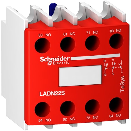 Auxiliary contact block, TeSys Deca, 2NO + 2NC, front mounting, screw clamp terminals, red front face MPN:LADN22S