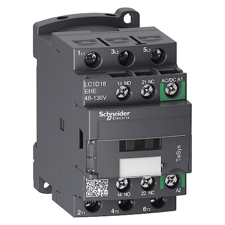 IEC Magnetic Contactor, 1NC/1NO, 48V-130V AC/DC, 3 P, Non-Reversing, Screw Clamp MPN:LC1D18EHE