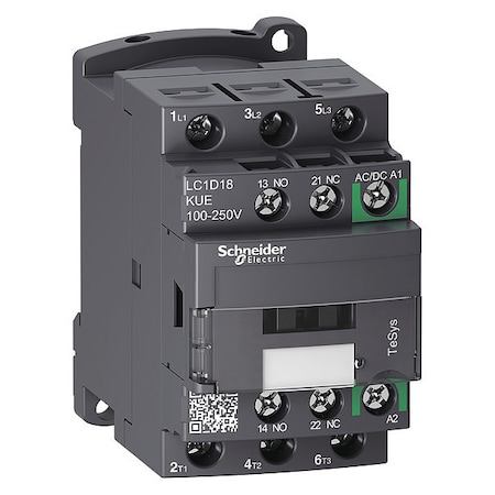 IEC Magnetic Contactor, 1NC/1NO, 100V-250V AC/DC, 3 P, Non-Reversing, Screw Clamp MPN:LC1D18KUE